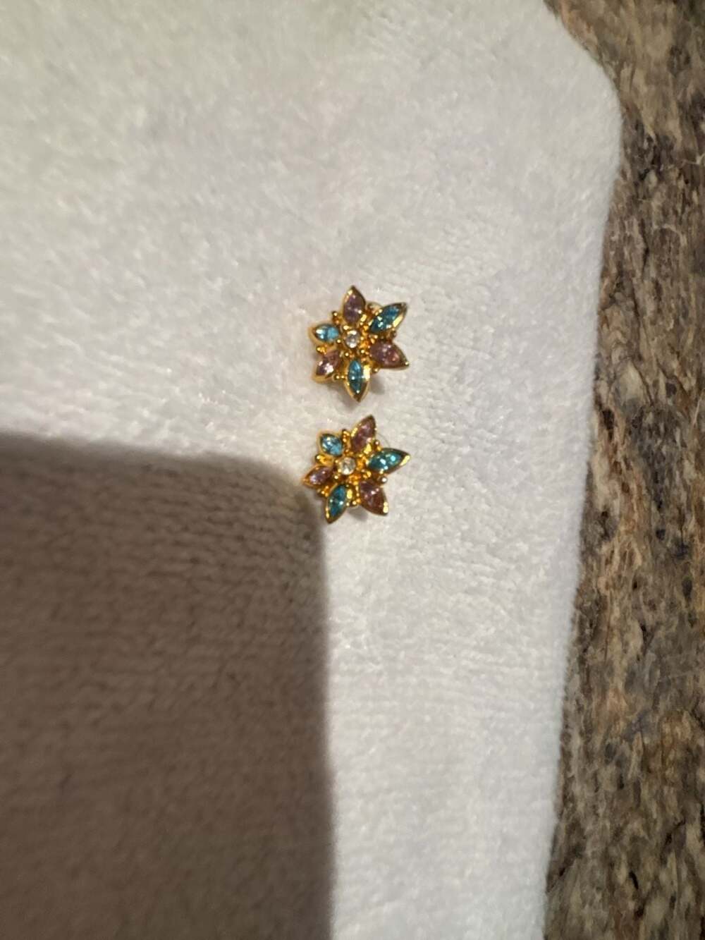 Vintage Gold Tone Pastel Blue and Pink Rhinestone Star Flower Stud Earrings